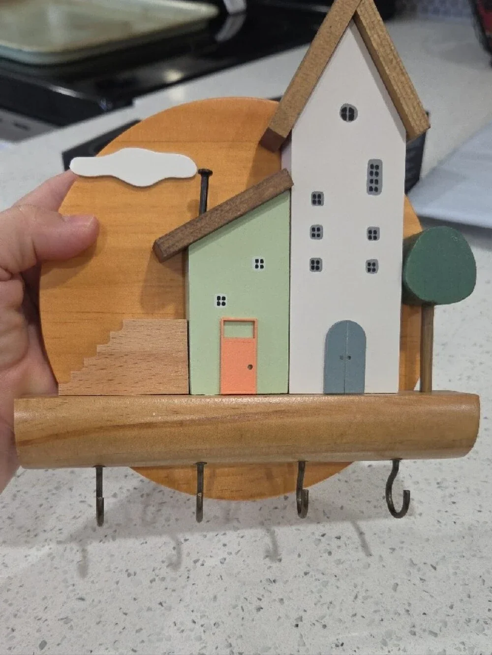 Decorative Wooden House Key Rack - Green, White, Orange